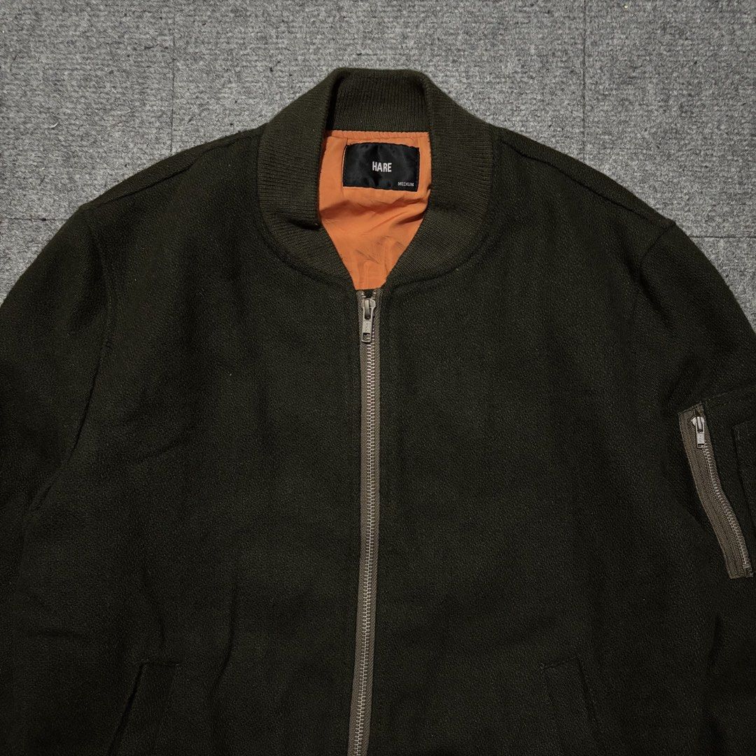 HARE Japan Wool MA-1 Bomber Jacket (Category: Coats, Jackets and Outerwear) located in Cavite. Submitted by gemsouttanowhere (Listing ID 1460083723, Image 2). Description: HARE Japan Wool MA-1 Bomber Jacket Size: Medium 21x26 Excellent condition No issue - ₱1,200 + SF ONLY! DM ME TO PURCHASE!.