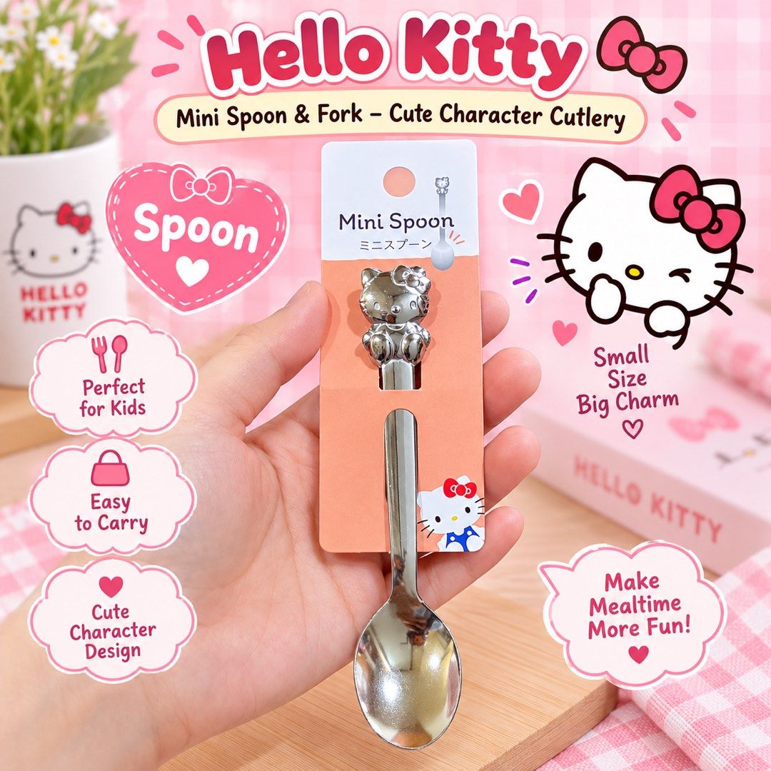 Hello Kitty Mini Spoon & Fork – Cute Character Cutlery (Category: Weaning & Toddler Feeding) located in Manila. Submitted by wondermoma.ph (Listing ID 1459916244, Image 2). Description: Add a fun touch to mealtime with this charming Hello Kitty spoon and fork set. Each piece features a cute Hello Kitty character topper and a compact design that’s convenient for everyday use. ✨ Features: * 🎀 Adorable Hello Kitty design * 🥄 Includes 1 mini spoon 
