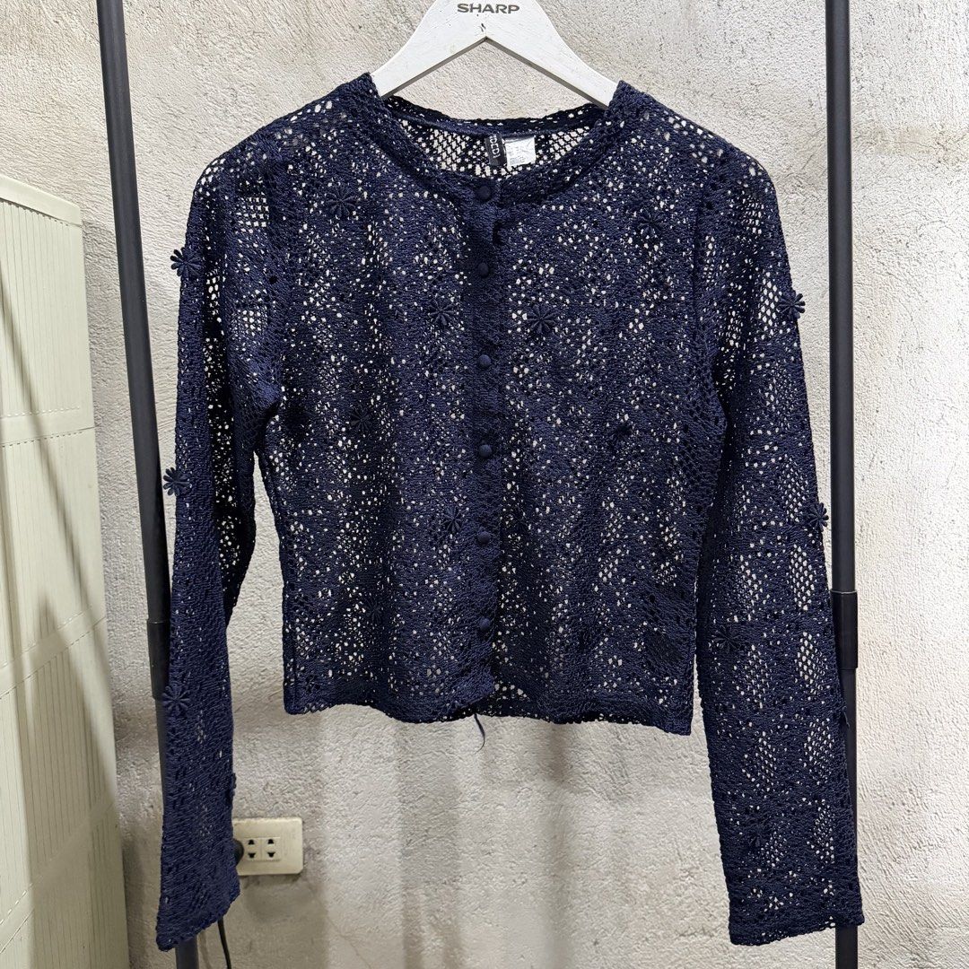 H&M Divided Navy Blue Crochet Button-Up Cardigan (Category: Coats, Jackets and Outerwear) located in Minalabac. Submitted by ashleysusedclothingshop (Listing ID 1459937679, Image 1). Description: All-over floral pattern .