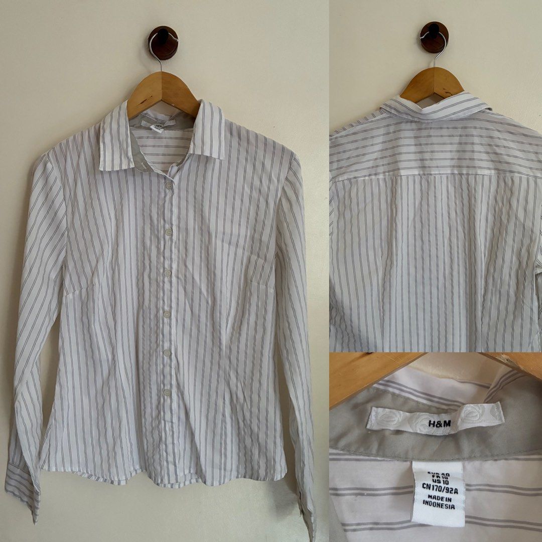 H&M Striped Button-Up Polo (Category: Shirts) located in General Santos City (Dadiangas). Submitted by dresswithaly (Listing ID 1459907583, Image 1). Description: - Classic H&M button-up shirt - White base with thin grey vertical stripes - Long sleeves with button cuffs - Versatile for work or casual wear - Made in Indonesia - Fit - Best fit to size L.
