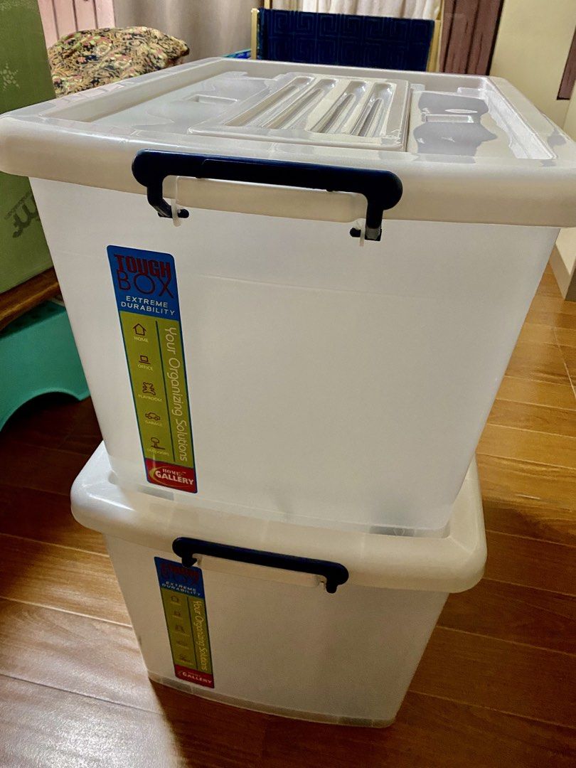 Home Gallery Tough Box Extreme Durability Storage Containers (Category: Storage Boxes & Baskets) located in Caloocan City. Submitted by nancypereyras (Listing ID 1460006422, Image 2). Description: - Set of 2 Home Gallery storage boxes - Clear with blue handles and wheels - Stackable design for efficient storage - 80 liters capacity per box - with 1 missing wheel, but still works just ok.