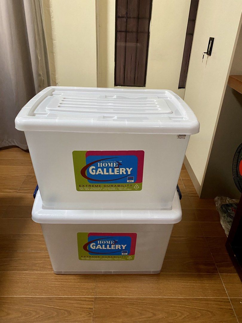 Home Gallery Tough Box Extreme Durability Storage Containers (Category: Storage Boxes & Baskets) located in Caloocan City. Submitted by nancypereyras (Listing ID 1460006422, Image 1). Description: - Set of 2 Home Gallery storage boxes - Clear with blue handles and wheels - Stackable design for efficient storage - 80 liters capacity per box - with 1 missing wheel, but still works just ok.