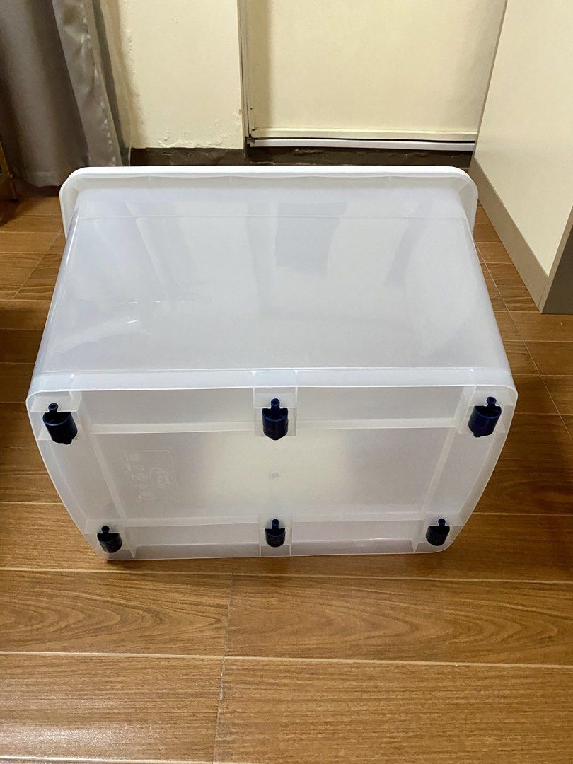 Home Gallery Tough Box Extreme Durability Storage Containers (Category: Storage Boxes & Baskets) located in Caloocan City. Submitted by nancypereyras (Listing ID 1460006422, Image 3). Description: - Set of 2 Home Gallery storage boxes - Clear with blue handles and wheels - Stackable design for efficient storage - 80 liters capacity per box - with 1 missing wheel, but still works just ok.
