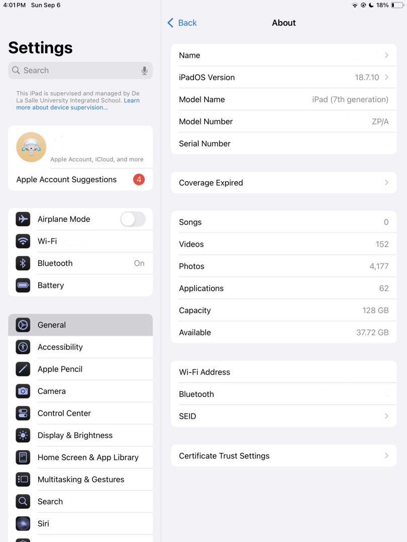 iPad 7th Gen 128 GB (Category: iPad) located in Manila. Submitted by sj.01 (Listing ID 1459991949, Image 3). Description: Selling my sister’s iPad :) Only used for school No box and charger included. Hid some of the information to prevent fake listings. RFS: Upgrading Can do meetups around or nearby the areas mentioned below :).