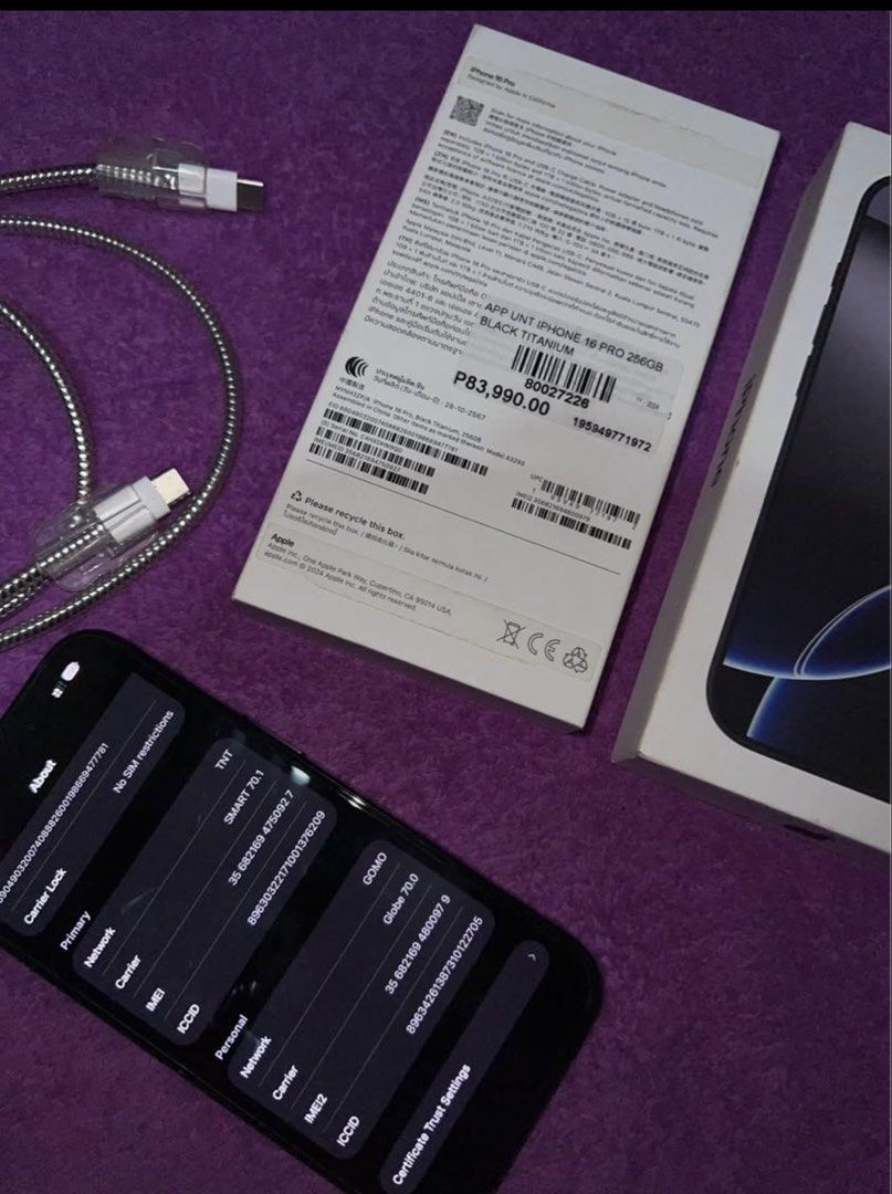 IPHONE 16 PRO 256 (Category: Others) located in Quezon City. Submitted by marayagjoh95563 (Listing ID 1460045423, Image 2). Description: iPhone 16 Pro 256GB – Black Titanium FOR SALE / SWAP Selling my iPhone 16 Pro 256GB Black Titanium. Maayos na maayos pa ang condition and smooth gamitin. Battery Health is 87% normal wear and tear from regular use, pero overall good condition. INCLUSIONS: • Original box Same IMEI sa phone • Original charging cab
