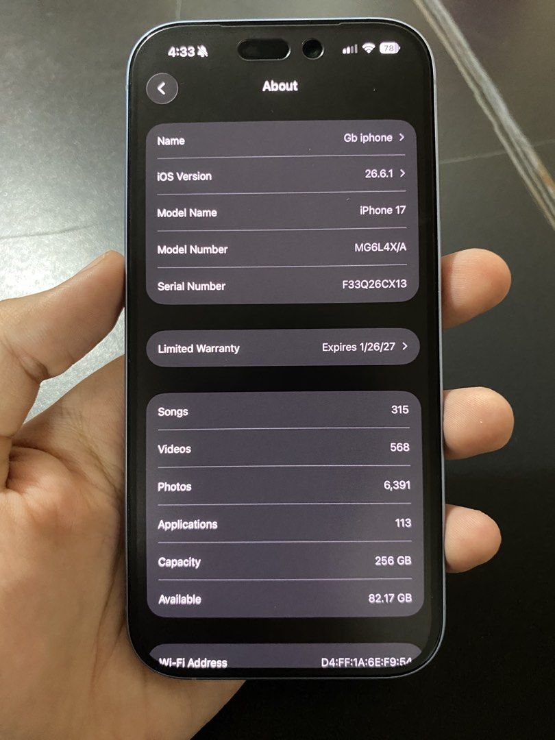 Iphone 17 256gb Mist blue (Category: iPhone 17 Series) located in Rizal. Submitted by gbtamayo (Listing ID 1460099696, Image 3). Description: Iphone 17 Mist blue 256 gb no issue, no repair good as new - super makinis po 94% batt health still under warranty until Janurary 2027 pa pls see pics for reference rfs: mag uupgrade po.