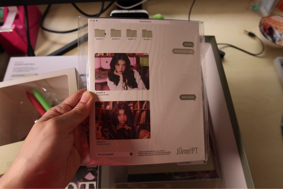 IU 2026 Season's Greetings (Category: K-Wave Merchandise) located in Pasig City. Submitted by dcvirata (Listing ID 1459964554, Image 2). Description: Includes the following: - Desk calendar - Photobook - Photocards - Lenticular photocards - Pin - Journal - Calendar - Pens.