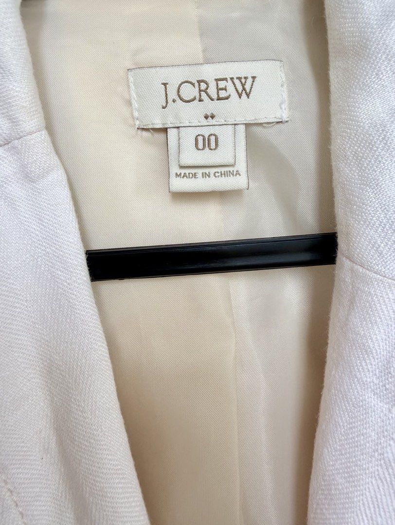 J. Crew Off-White Linen Blazer Size 00 (Category: Coats, Jackets and Outerwear) located in Pasig City. Submitted by lonelydove (Listing ID 1460034047, Image 3). Description: - White J. Crew blazer - 100% linen fabric - Polyester lining - Two-button front closure - Three buttons on each cuff - Ideal for layering or standalone wear - Perfect for warmer weather Actual measurements on item laying flat: Burst: 17.5 inch Shoulder: 14.5 inch Waist: 15.5