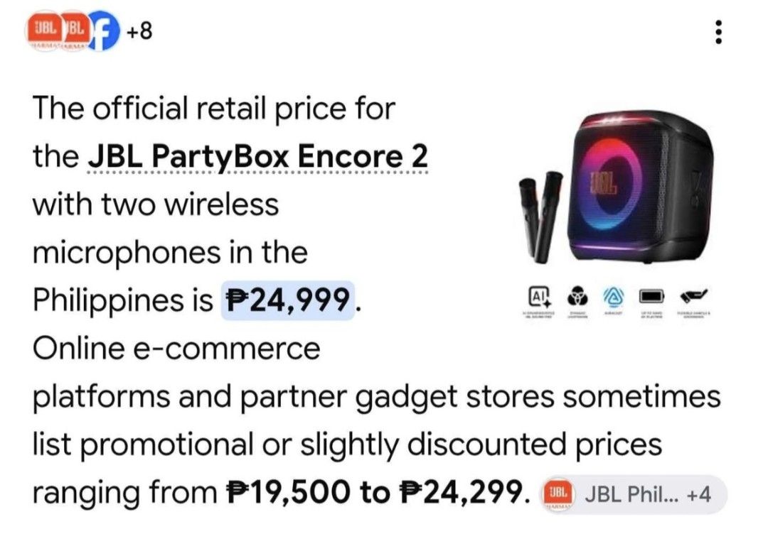 JBL PARTYBOX ENCORE 2 (Category: Soundbars, Speakers & Amplifiers) located in Cavite. Submitted by free_siikey (Listing ID 1460072520, Image 3). Description: JBL PARTYBOX ENCORE 2 3 MONTHS OLD inclusion: BOX 4 CHARGING CORDS 2 JBL MICROPHONE 1 JBL MICROPHONE PROTECTIVE CASE (Receipt lang ang nawawala).
