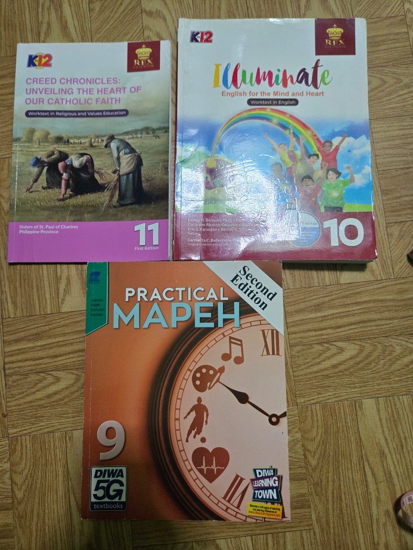 K12 Illuminate, Creed Chronicles, Practical MAPEH Textbooks (Category: Textbooks) located in Makati City. Submitted by blakevel (Listing ID 1460045973, Image 1). Description: - Illuminate: Grade 10 English textbook - Creed Chronicles: Grade 11 Catholic Faith textbook - Practical MAPEH: Grade 9 textbook - Essential K12 learning materials - Ideal for students needing these specific subjects - Grab them now!.