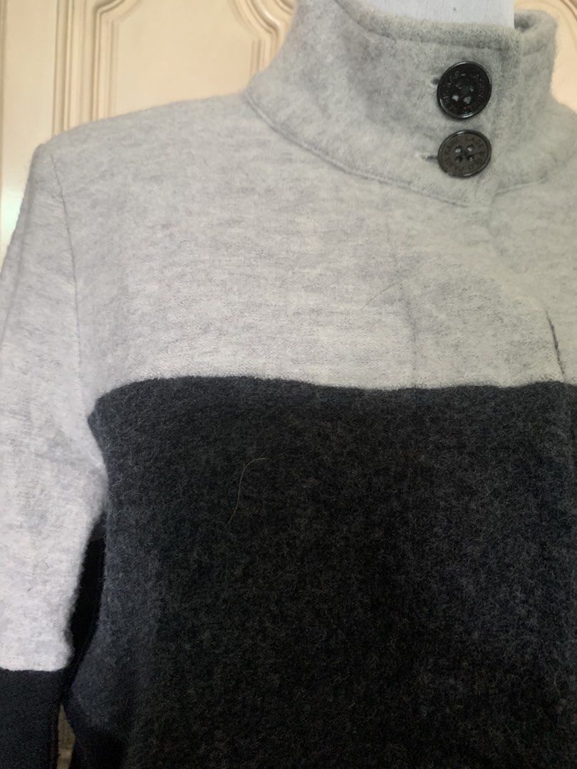 Karl Langerfeld Colorblock Mock Neck Button-Up Snap Jacket (Category: Coats, Jackets and Outerwear) located in Quezon City. Submitted by clothingline4sale (Listing ID 1459914868, Image 2). Description: Karl Langerfeld Colorblock Mock Neck Button up Jacket Very good condition/ Like new Snap button / Acrylic Wool - a little itchy perfect for winter/ not ideal for sensitive skin / Size: medium on tag Bust: 44-46” ; Length: 23” ; Arms Circumference: 