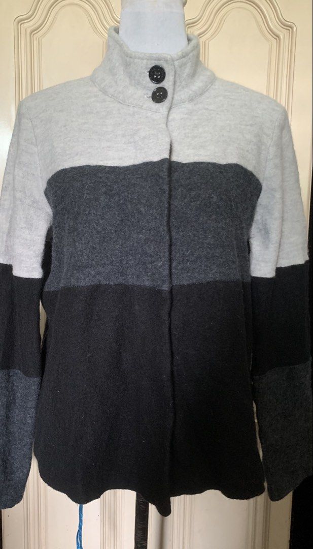 Karl Langerfeld Colorblock Mock Neck Button-Up Snap Jacket (Category: Coats, Jackets and Outerwear) located in Quezon City. Submitted by clothingline4sale (Listing ID 1459914868, Image 1). Description: Karl Langerfeld Colorblock Mock Neck Button up Jacket Very good condition/ Like new Snap button / Acrylic Wool - a little itchy perfect for winter/ not ideal for sensitive skin / Size: medium on tag Bust: 44-46” ; Length: 23” ; Arms Circumference: 