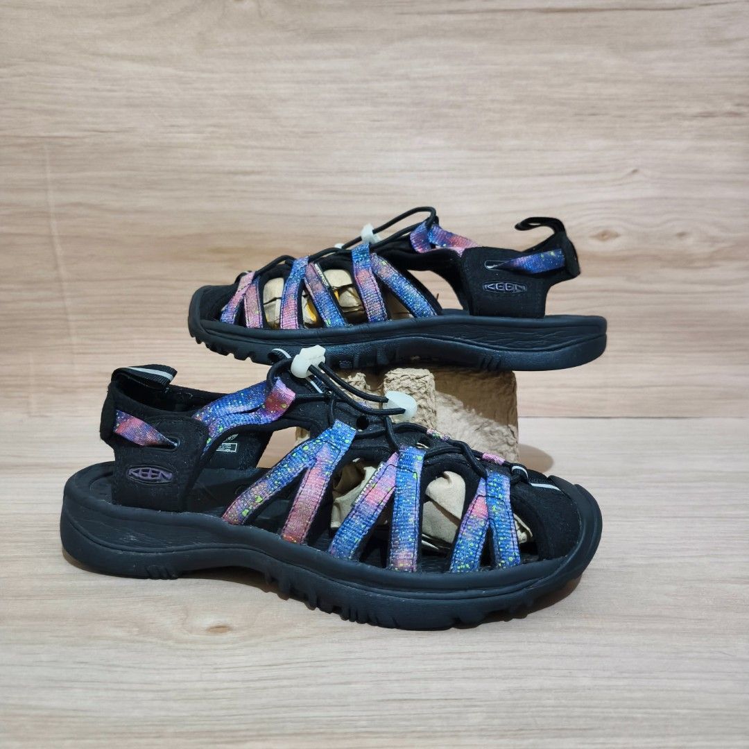 KEEN - WHISPER BLACK-PURPLE (Category: Sandals) located in Marikina City. Submitted by thrift.ni.furugi (Listing ID 1460072516, Image 2). Description: These new Keen-Whisper sandals are an improved version of the Newport-H2 model. Featuring an elastic strap, they are lightweight and comfortable, and Cleansport NXT technology helps reduce odors. A highlight of this model is the unique galaxy pattern and an adjustable strap that glows in the dark, 