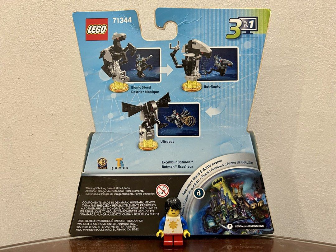 LEGO Dimensions 71344 — Excalibur Batman Fun Pack (Category: Lego & Building Sets) located in Pasig City. Submitted by nobrainer.deals (Listing ID 1459914891, Image 2). Description: LEGO Dimensions 71344 Excalibur Batman Fun Pack — 57 pcs | 2017. Includes Excalibur Batman and Bionic Steed, with 3-in-1 rebuild options including Bat-Raptor and Ultrabat. Also unlocks The LEGO Batman Movie Adventure World and Battle Arena. Retired LEGO Dimensions set