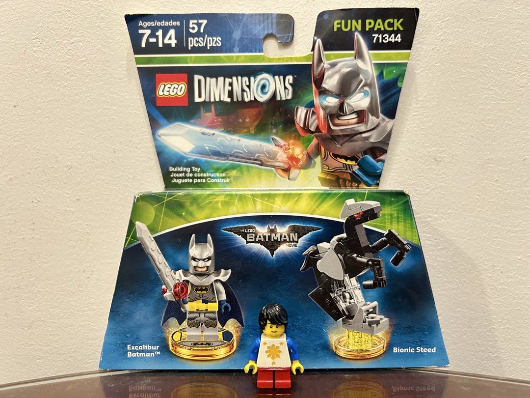 LEGO Dimensions 71344 — Excalibur Batman Fun Pack (Category: Lego & Building Sets) located in Pasig City. Submitted by nobrainer.deals (Listing ID 1459914891, Image 1). Description: LEGO Dimensions 71344 Excalibur Batman Fun Pack — 57 pcs | 2017. Includes Excalibur Batman and Bionic Steed, with 3-in-1 rebuild options including Bat-Raptor and Ultrabat. Also unlocks The LEGO Batman Movie Adventure World and Battle Arena. Retired LEGO Dimensions set