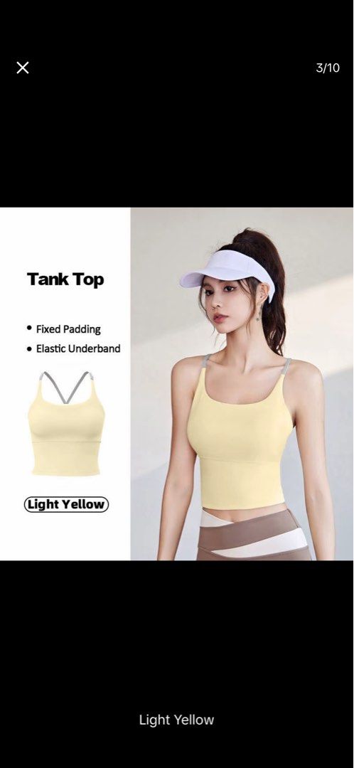 Light Yellow Tank Top with Fixed Padding and Elastic Underband (Category: Sleeveless) located in Pasay City. Submitted by alcordodalyn (Listing ID 1459955322, Image 1). Description: - Cute light yellow tank top - Fixed padding for support - Elastic underband for a comfortable fit - Versatile: great for workouts or casual wear - Stylish criss-cross strap detail at the back - Easy to pair with leggings or shorts.