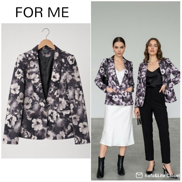 Lightweight Corporate/Event Lightweight Blazer By-FOR ME (Category: Coats, Jackets and Outerwear) located in Las Pinas. Submitted by outerwearsmanila (Listing ID 1460042937, Image 1). Description: Women Corporate/Events Blazer New Brand -For Me Small women True to size Lightweight Details Pattern & Color: hibiscus flower motif in a grayscale palette containing black, white, charcoal, and cool grey.Neckline. Classic notched lapel.Closure: Front ce
