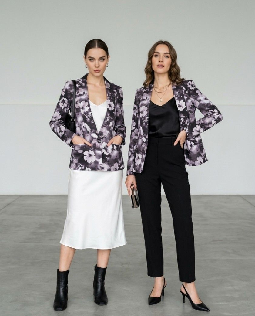 Lightweight Corporate/Event Lightweight Blazer By-FOR ME (Category: Coats, Jackets and Outerwear) located in Las Pinas. Submitted by outerwearsmanila (Listing ID 1460042937, Image 2). Description: Women Corporate/Events Blazer New Brand -For Me Small women True to size Lightweight Details Pattern & Color: hibiscus flower motif in a grayscale palette containing black, white, charcoal, and cool grey.Neckline. Classic notched lapel.Closure: Front ce
