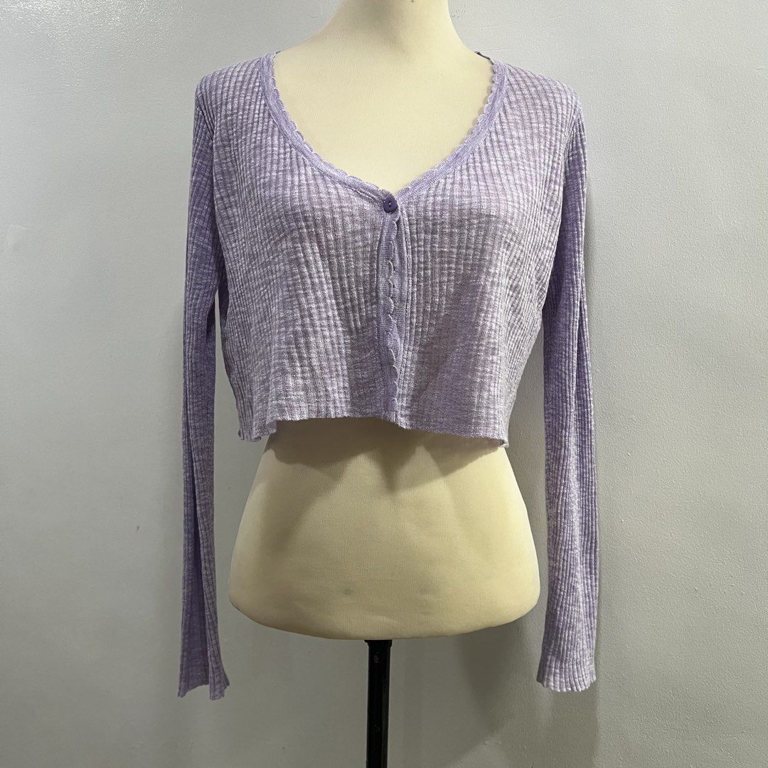 lilac cropped cardigan (Category: Coats, Jackets and Outerwear) located in Malabon City. Submitted by minidressmonster (Listing ID 1459995156, Image 1). Description: lavender cropped light knit cardi super cute and comfy very flattering best fit small to med preloved but no major flaws one of my personal favs .