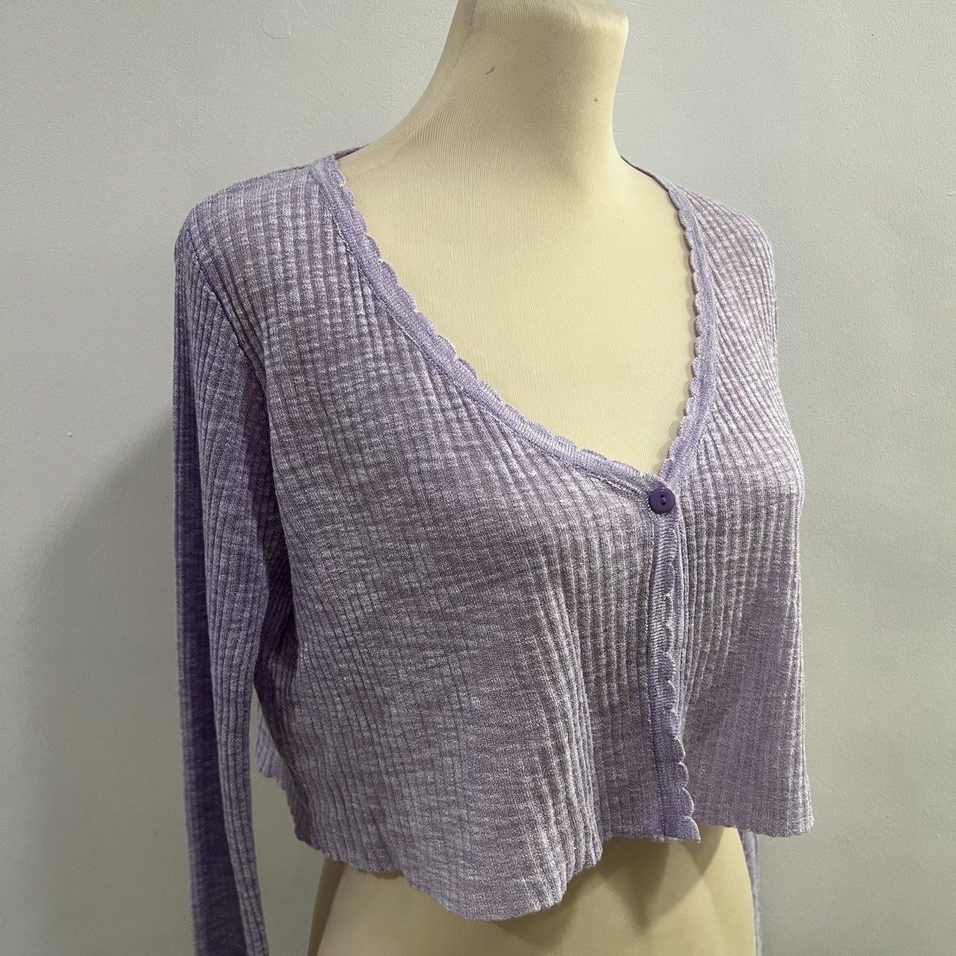lilac cropped cardigan (Category: Coats, Jackets and Outerwear) located in Malabon City. Submitted by minidressmonster (Listing ID 1459995156, Image 2). Description: lavender cropped light knit cardi super cute and comfy very flattering best fit small to med preloved but no major flaws one of my personal favs .