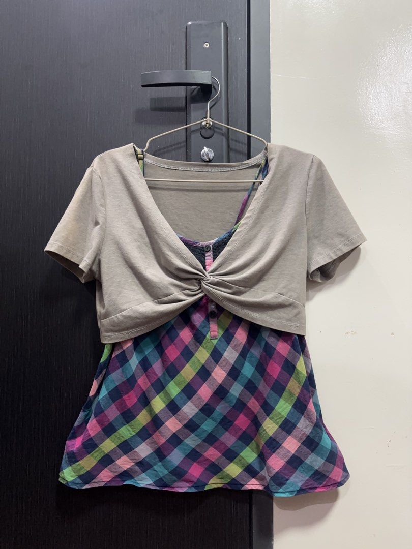 Lily Two-Piece Plaid Cami with Twist Front Grey Top (Category: Sleeveless) located in Ramon. Submitted by polkaprincess (Listing ID 1460064111, Image 1). Description: - Two-piece top set - Grey twist-front cropped top - Colorful plaid camisole with black lace trim - Button details on camisole - Camisole is size small - Perfect for casual wear.