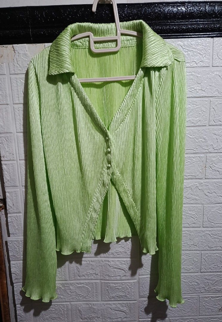 Lime Green Pleated Top Size M-L (Category: Blouses) located in Pasay City. Submitted by jein08 (Listing ID 1460048069, Image 1). Description: Lime Green Pleated button down Top Size M-L with flared bottom sleeves , see last pic for outfit inspo #cardigan #blouse #longsleeves #green.
