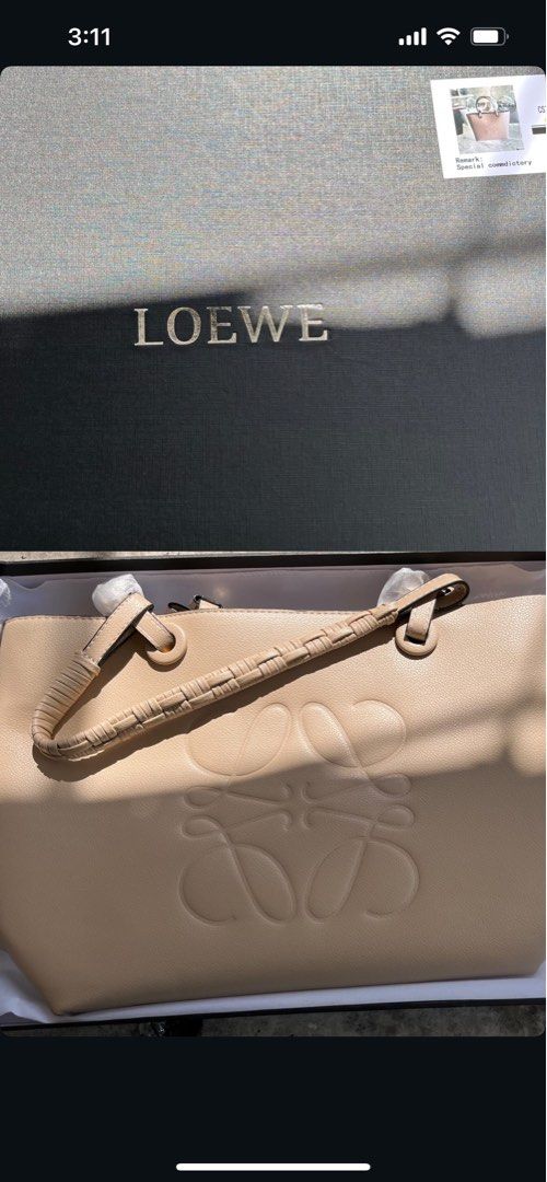 LOEWE Anagram Tote Bag Beige Leather (Category: Luxury Bags & Wallets) located in Midsayap. Submitted by brandedloves1031 (Listing ID 1460012659, Image 3). Description: - Authentic LOEWE tote bag - Color: Beige - Material: Leather - Iconic Anagram logo embossed - Braided handle detail - Includes original box - Ideal for everyday use.