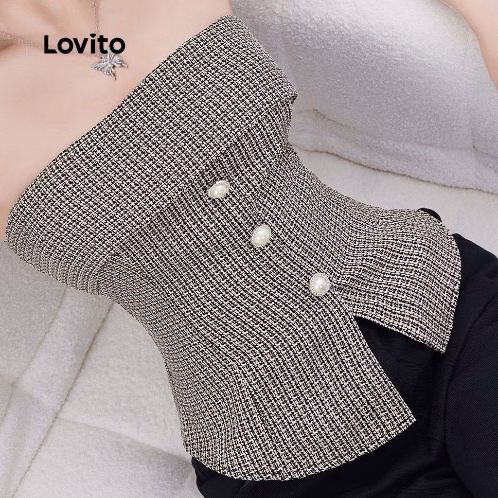 Lovito Tube Top (Category: Sleeveless) located in Manila. Submitted by yenprelovedclothes (Listing ID 1459915554, Image 1). Description: No when worn Lovito Brand Medium on tag but best fit small size No pouch Once used, Need to sew the button 🖇️Meetup SM Light Mall, Mandaluyong 🖇️Pickup via lalamove. Delivery fee will be shouldered by the buyer.