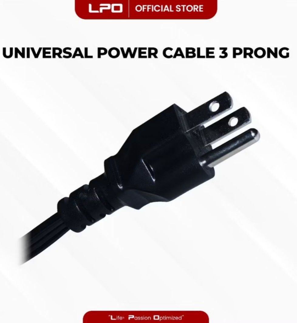 LPO Universal Power Cable 3 Prong (Category: Cables & Adaptors) located in Rizal. Submitted by declutterprod (Listing ID 1459931000, Image 3). Description: - Universal power cable with 3-prong connector - Connects your device to the wall outlet - Standard plug type - Black cable color - Ideal for monitors, computers, and other electronic devices.