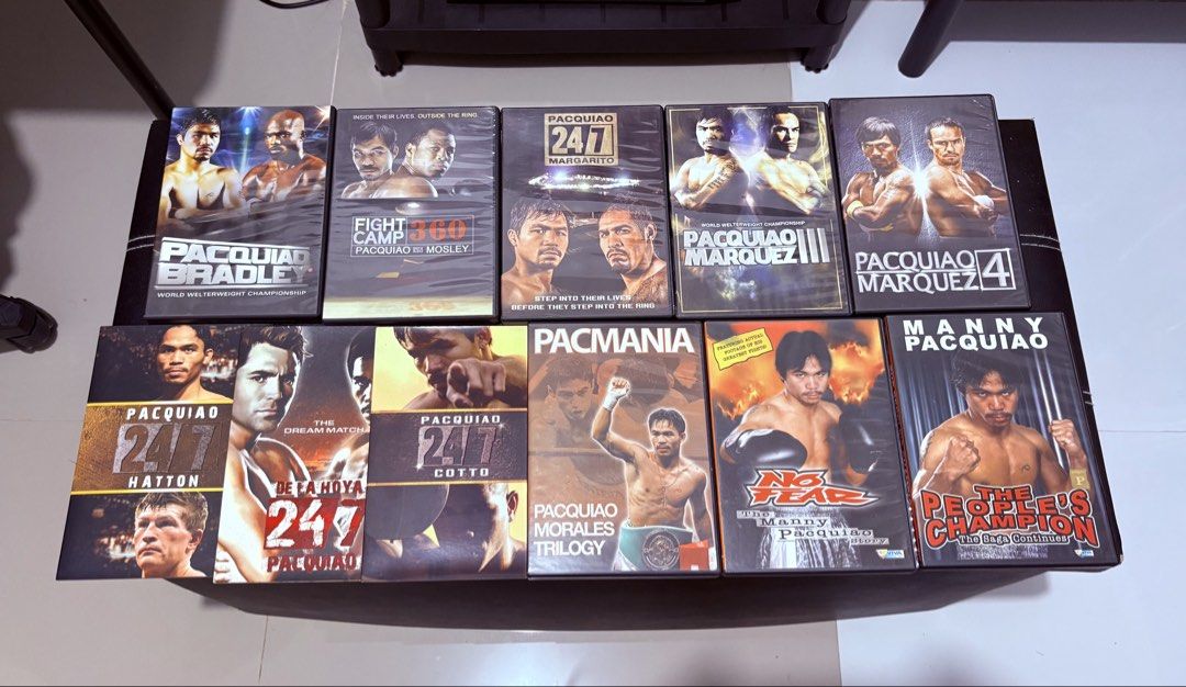 Manny Pacquiao Boxing DVD Collection (Category: CDs & DVDs) located in Manila. Submitted by wildtree_7d6348 (Listing ID 1460008838, Image 1). Description: - Collection of Manny Pacquiao boxing match DVDs. - Features fights against Bradley, Marquez, Cotto, and De La Hoya. - Includes 'Pacquiao 24/7' series and 'Pacmania'. - Ideal for any boxing enthusiast. - All discs are in their original cases..