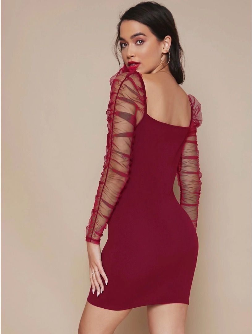 Maroon Mesh Sleeve Bodycon Dress (Category: Dresses) located in Tanza. Submitted by kmoarse (Listing ID 1459937864, Image 3). Description: - Chic maroon bodycon dress - Elegant sheer mesh sleeves with ruched detail - Flattering sweetheart neckline - Ideal for parties and special events - Designed for a snug, figure-hugging fit - Worn once - Can fit XS-S .