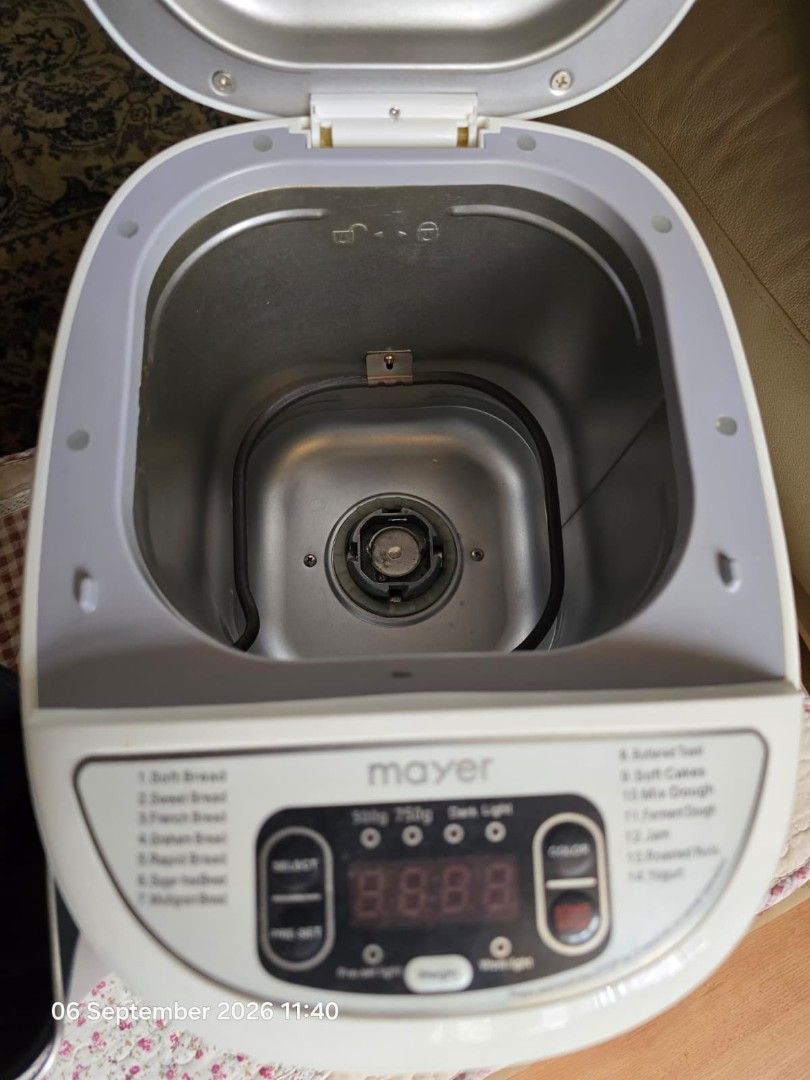 Mayer Multi Function Bread Maker MMBM12 (Category: Breadmakers) located in Singapore. Submitted by icditata (Listing ID 1459933706, Image 2). Description: - Mayer Multi Function Bread Maker (MMBM12) - 750g capacity - 15 programs, including 14 baking functions - Comes with bread pan and measuring cup - 530W power, 220-240V, 50Hz - Perfect for homemade fresh bread.