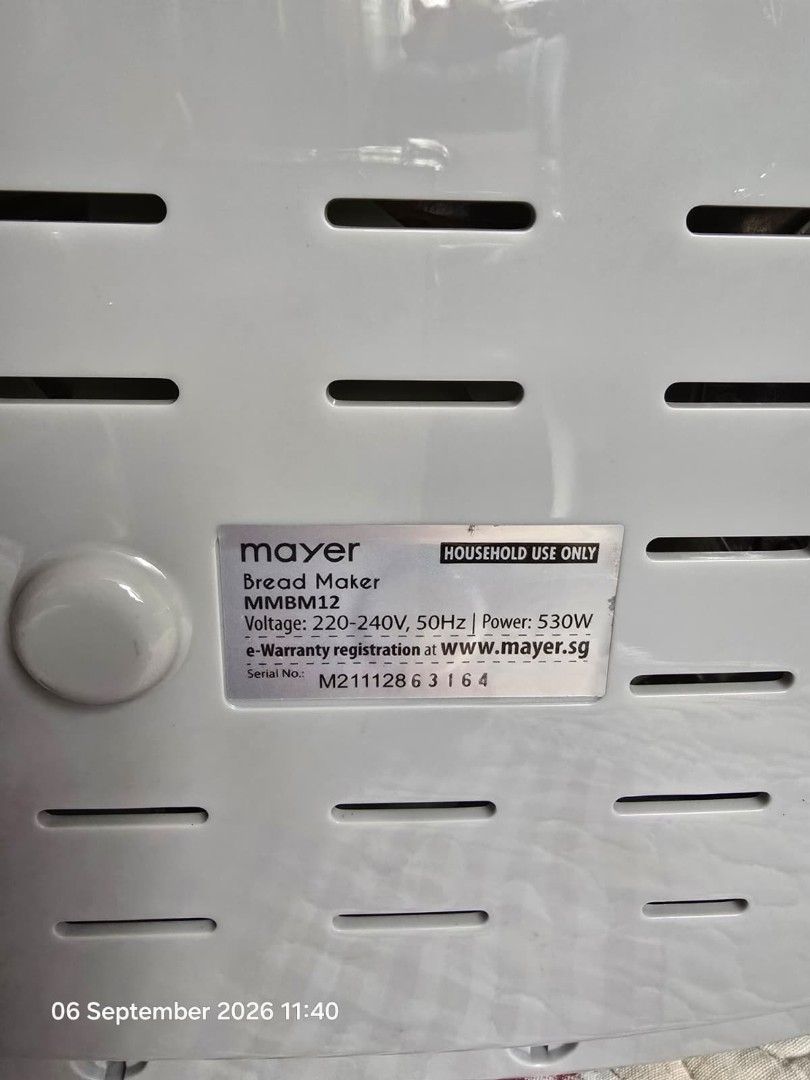 Mayer Multi Function Bread Maker MMBM12 (Category: Breadmakers) located in Singapore. Submitted by icditata (Listing ID 1459933706, Image 3). Description: - Mayer Multi Function Bread Maker (MMBM12) - 750g capacity - 15 programs, including 14 baking functions - Comes with bread pan and measuring cup - 530W power, 220-240V, 50Hz - Perfect for homemade fresh bread.