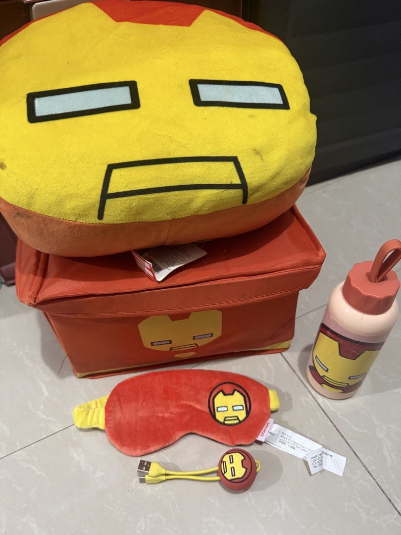 Miniso Ironman Items Bundle (Category: Character Goods) located in Manila. Submitted by jackiechoiiiiii (Listing ID 1459915351, Image 1). Description: Miniso Iron Man Themed sold as a bundle only RFS: Im not using it anymore - Includes: Soft Plush Pillow, Foldable Storage Box, Comfortable Eye Mask, Water Bottle, Cute USB Charging Cable.
