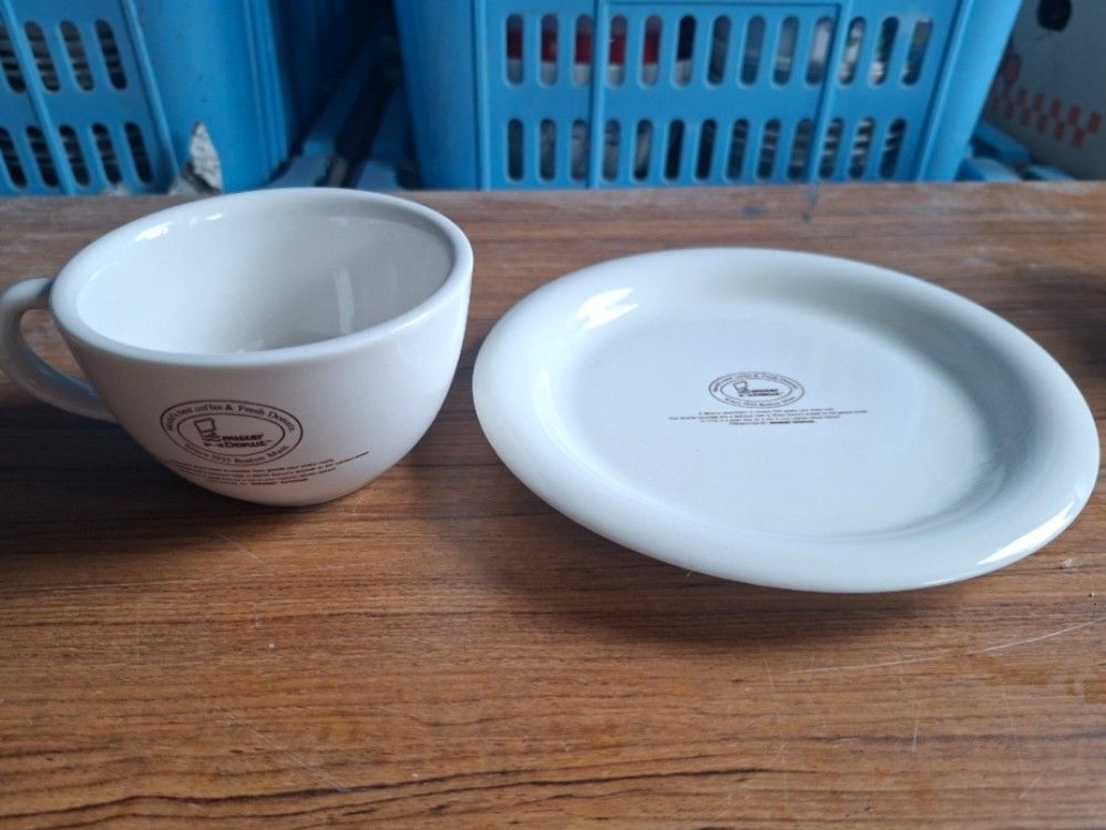 Mister Donut Cup and Saucer (Category: Coffee & Tea Tableware) located in Consolacion. Submitted by luxekerei (Listing ID 1457582793, Image 3). Description: - vintage Mister Donut ceramic coffee cup and saucer set featuring the classic "World's best coffee & Fresh Donuts Since 1955 Boston Mass." logo.