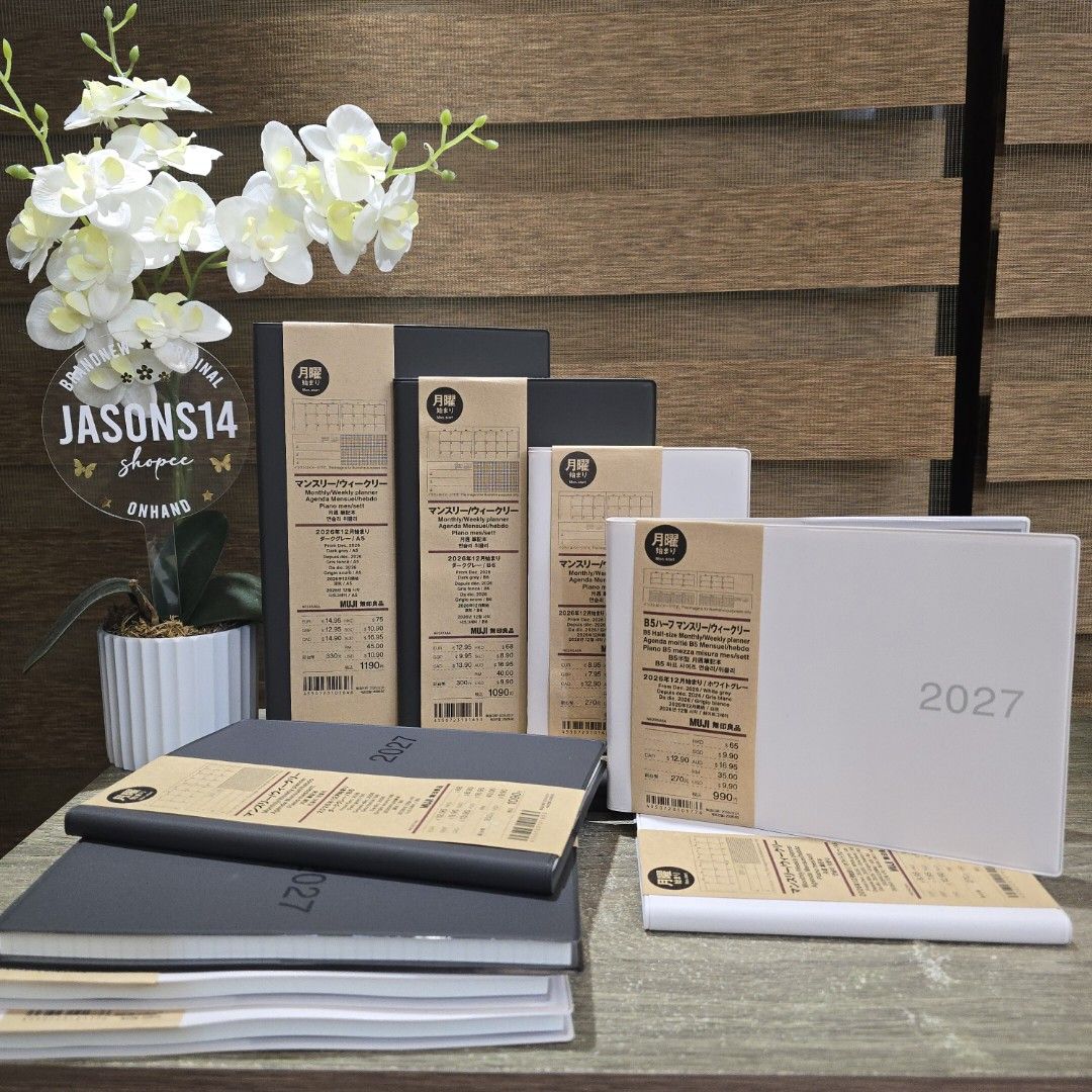 Muji 2026 Planners (Category: Stationery & School Supplies) located in San Juan City. Submitted by jasonsshopee (Listing ID 1459490873, Image 1). Description: A6 pocket size 600 B6 middle size 650 A5 notebook size 700 vertical dates 650 in black x white only.