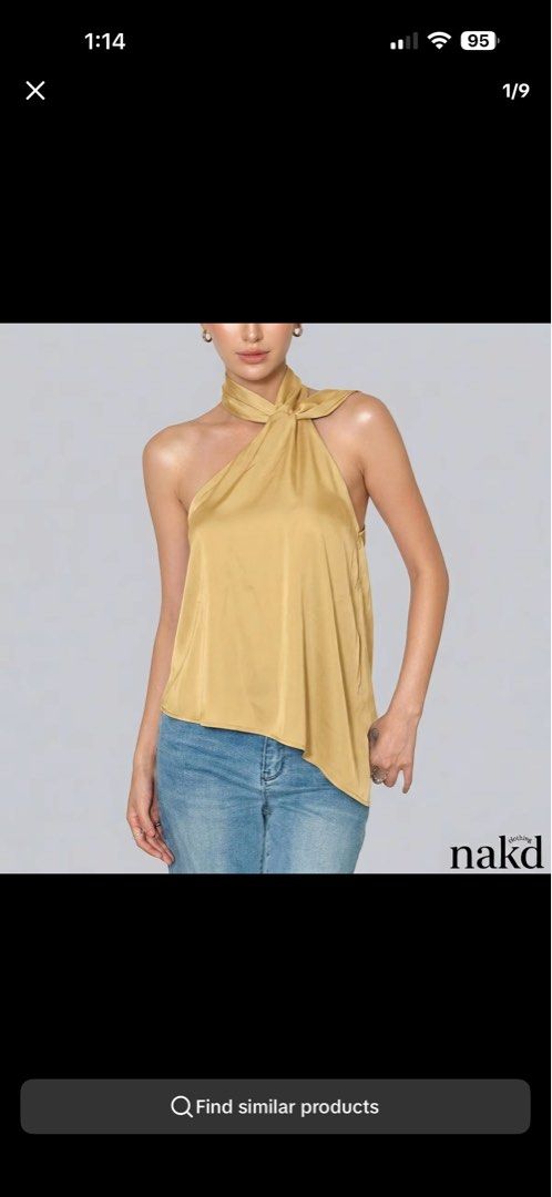NAKD Satin Halter Neck Top (Category: Sleeveless) located in Pasay City. Submitted by alcordodalyn (Listing ID 1459955672, Image 1). Description: - Mustard yellow satin halter neck top - Features an asymmetrical hemline - Versatile for night outs or casual days - Pairs perfectly with jeans.