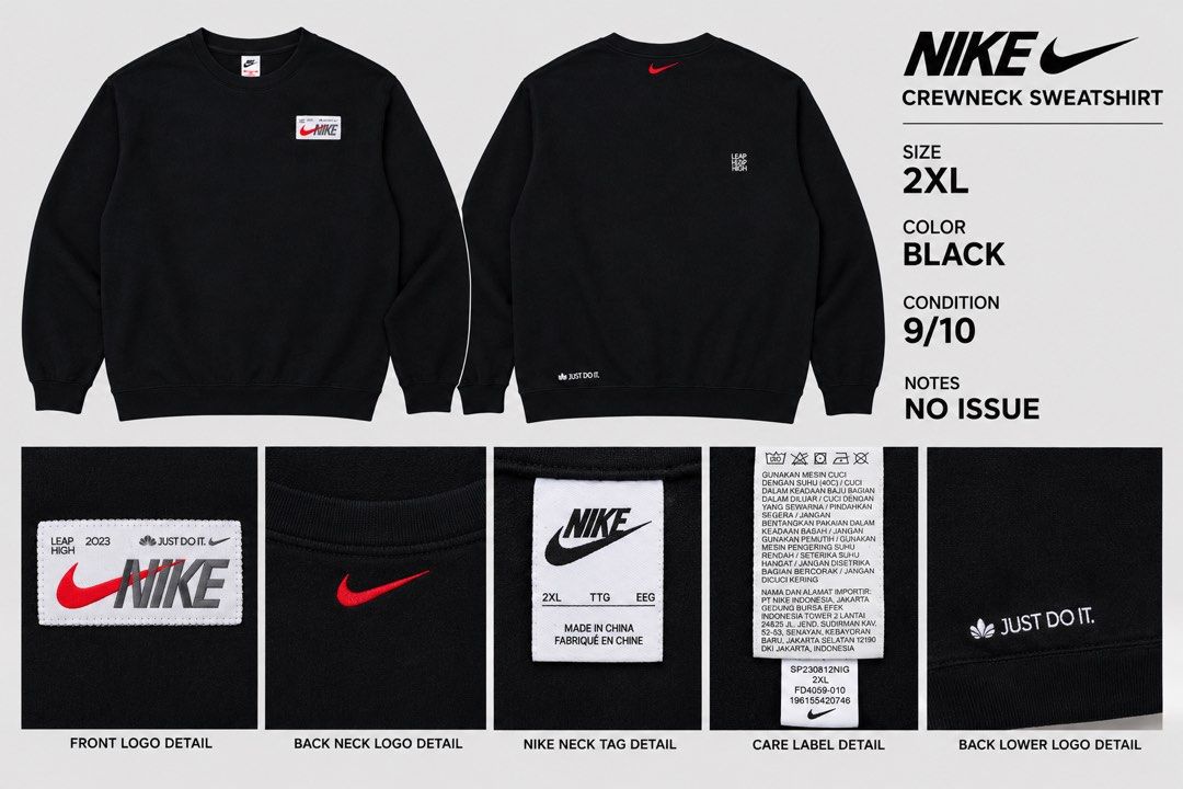 Nike Crewneck Sweatshirt Black 2XL (Category: Coats, Jackets and Outerwear) located in Baguio. Submitted by boss_rb (Listing ID 1460077335, Image 1). Description: - Brand: Nike - Type: Crewneck Sweatshirt - Size: 2XL - Color: Black - Features: Cool patch logo on front, small red Nike logo on back neck, 'Just Do It' graphic on lower back - Origin: Made in China - Condition: Has minor issue see last picture.
