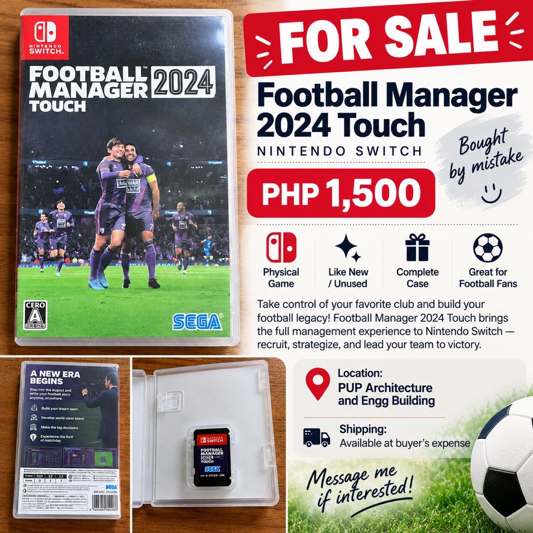 Nintendo Switch Football Manager 2024 Touch (Category: Nintendo) located in Manila. Submitted by practicalitynerd (Listing ID 1459941646, Image 1). Description: - Football Manager 2024 Touch for Nintendo Switch - Physical game with complete case - Build your football legacy and lead your team to victory - Perfect for football enthusiasts! -Bought in Tokyo, Japan.