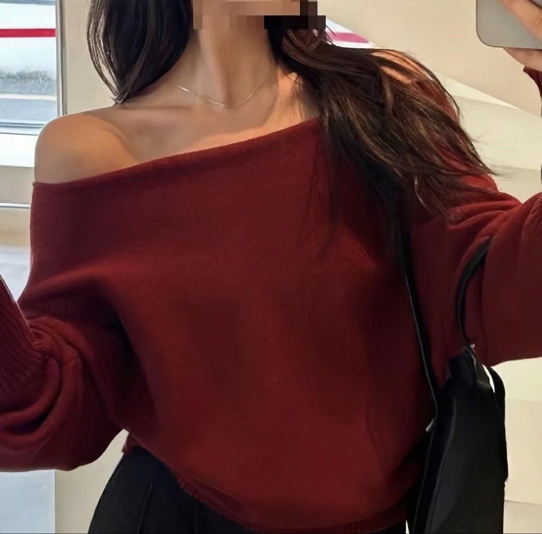 Off-Shoulder Long Sleeve Sweater - Maroon (Category: Longsleeves) located in Manila. Submitted by andee. (Listing ID 1459945881, Image 1). Description: - Cozy off-shoulder sweater - Deep red color - Long sleeves with slightly puffed cuffs - Soft and comfortable material - Versatile for casual or dressy looks - Easy to style with jeans or skirts - Pairs well with simple necklaces.