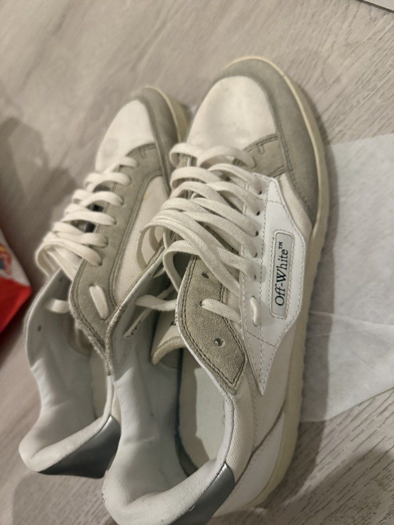 Off-White Low Top Sneakers White Grey (Category: Sneakers) located in Makati City. Submitted by stallionmegx (Listing ID 1459972583, Image 1). Description: - Authentic Off-White low-top sneakers - Colorway: White and Grey - Classic low-top silhouette - White laces - Light cream colored soles - Minor signs of wear on suede and canvas (adds character!) - Comes with original box.