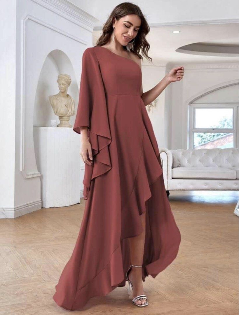 One Shoulder Assymetrical Ruffle Hem Dress (Category: Evening dresses & gowns) located in Manila. Submitted by thelabelfindsbym (Listing ID 1459932847, Image 3). Description: Color - Rusty Rose With Bra Pads and Inner Lining XL Euro 44 US 12.