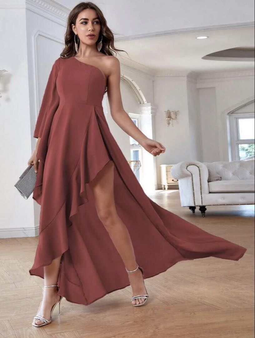 One Shoulder Assymetrical Ruffle Hem Dress (Category: Evening dresses & gowns) located in Manila. Submitted by thelabelfindsbym (Listing ID 1459932847, Image 2). Description: Color - Rusty Rose With Bra Pads and Inner Lining XL Euro 44 US 12.