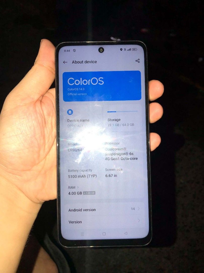 OPPO A3x. ( 4+1RAMGB64GB ) (Category: Other Mobile & Gadget Accessories) located in Manila. Submitted by trainwreck331 (Listing ID 1460094915, Image 2). Description: OPPO A3x. ( 4+1RAMGB/64GB ) Sobrang kinis pa almost brand-new ALL WORKING READY TO USE Android version 14 4+1ramGB / 64gb ram Qualcomm snapdragon 6s 4G Gen 1 Octa-core 5000mah battery ALL WORKING READY TO USE Side finger print Face lock NO ISSUE .