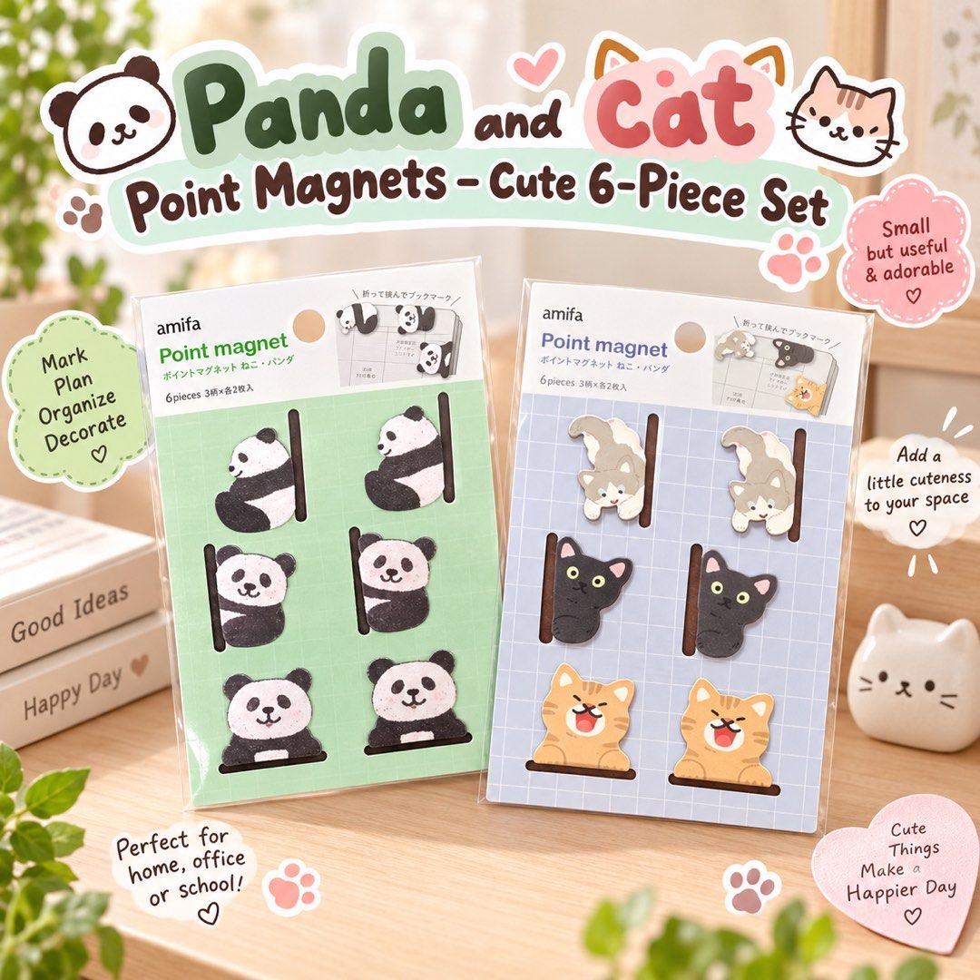 Panda Point Magnets – Cute 6-Piece Set (Category: Craft Supplies & Tools) located in Manila. Submitted by wondermoma.ph (Listing ID 1459912055, Image 1). Description: Keep your notes and reminders securely in place with these adorable panda-themed magnets. Featuring six cute panda poses in a simple, playful design, they’re a fun and practical addition to your home, office, or study space. ✨ Features: * 🐼 Cute panda designs * 📌 Strong & convenie