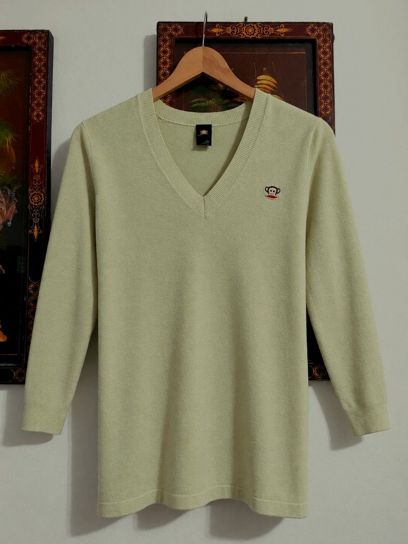 Paul Frank Industries V-Neck Sweater (Category: Coats, Jackets and Outerwear) located in Manila. Submitted by fiercehorse-60ca (Listing ID 1460052191, Image 1). Description: - Light green V-neck sweater - Features iconic Julius monkey logo embroidered on chest - Made from a comfortable blend of nylon and spandex - Ideal for casual wear - Brand: Paul Frank Industries.