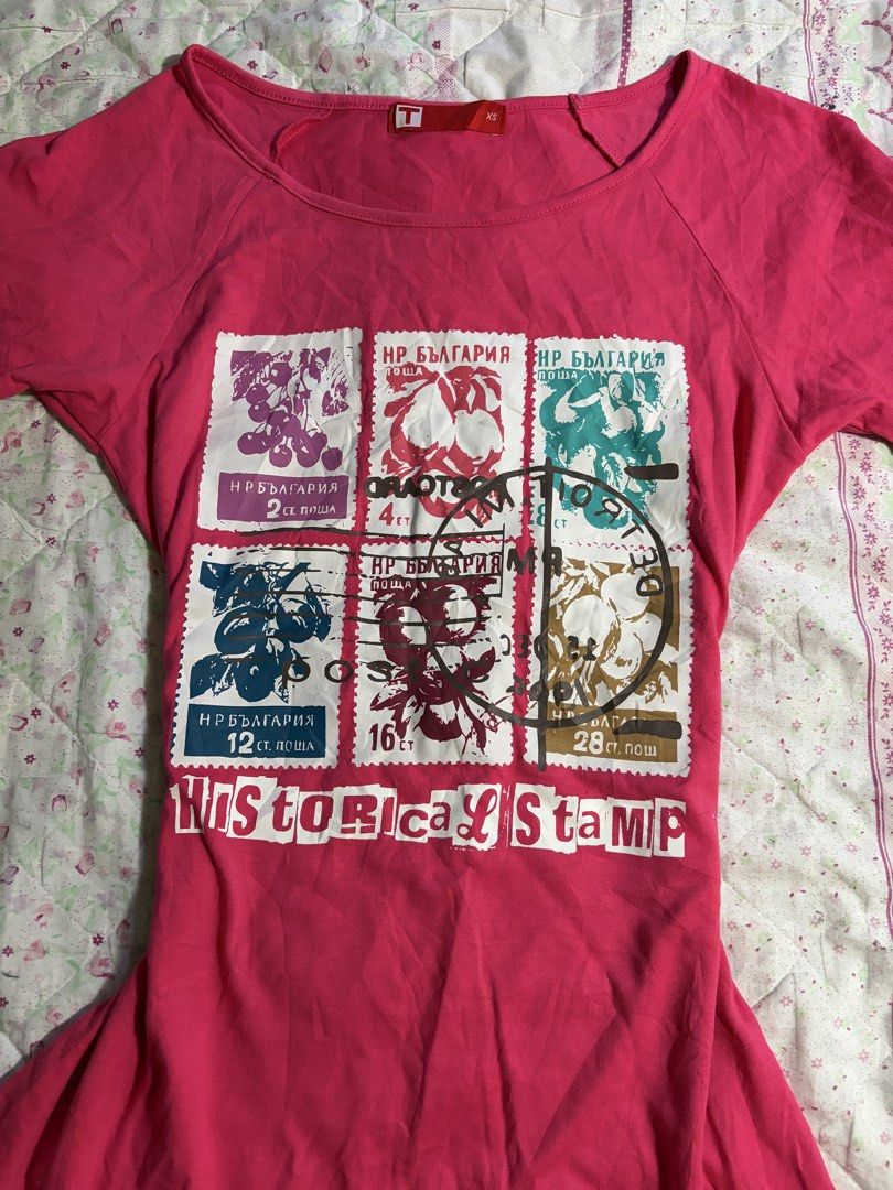 Pink Stamp Graphic Asymmetrical Y2K Top (Category: Blouses) located in Muntinlupa City. Submitted by herellas0504 (Listing ID 1460016662, Image 2). Description: Pink Stamp Graphic Asymmetrical Y2K Top Mine: 300 | Lock: 400 xs-semi med no issue! good as new, body fit! love the fabric&fits willing to keep!.