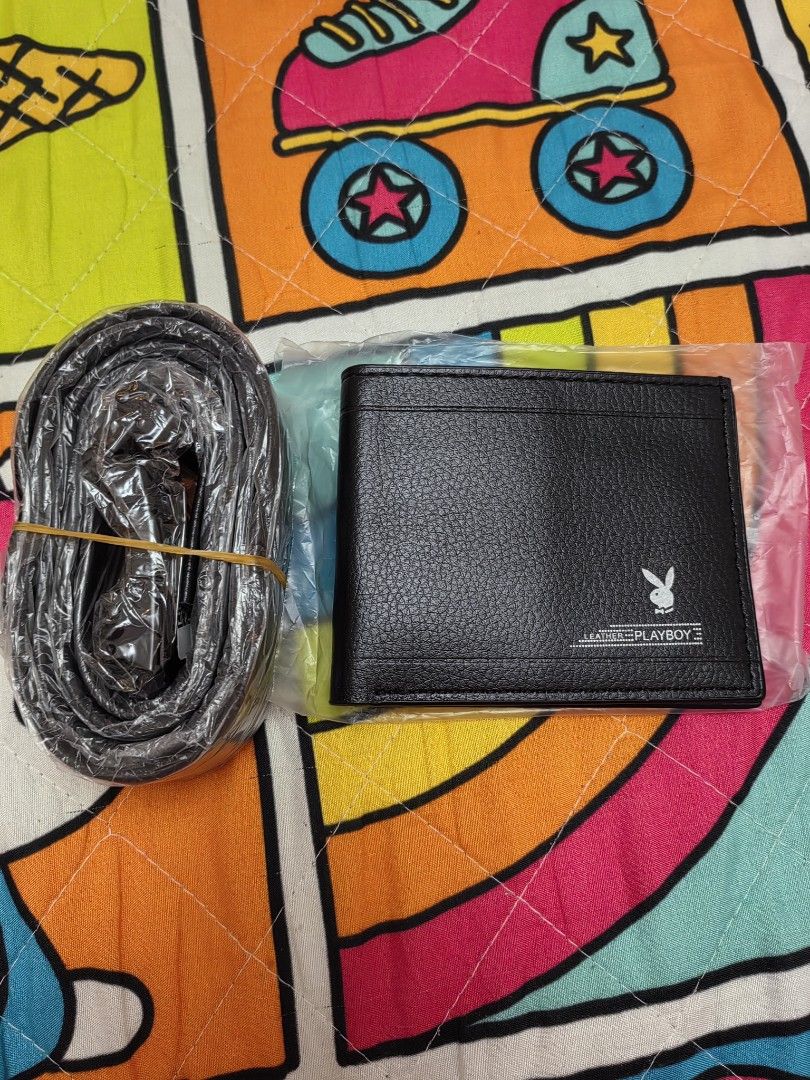 Playboy Leather Wallet and Belt Set (Category: Luxury Bags & Wallets) located in Mexico. Submitted by kitty_go (Listing ID 1460015058, Image 1). Description: - Playboy black leather bifold wallet - Multiple card slots and clear ID window - Black leather belt with silver buckle - Cute Kitty detail on belt keeper - Both items in original packaging.