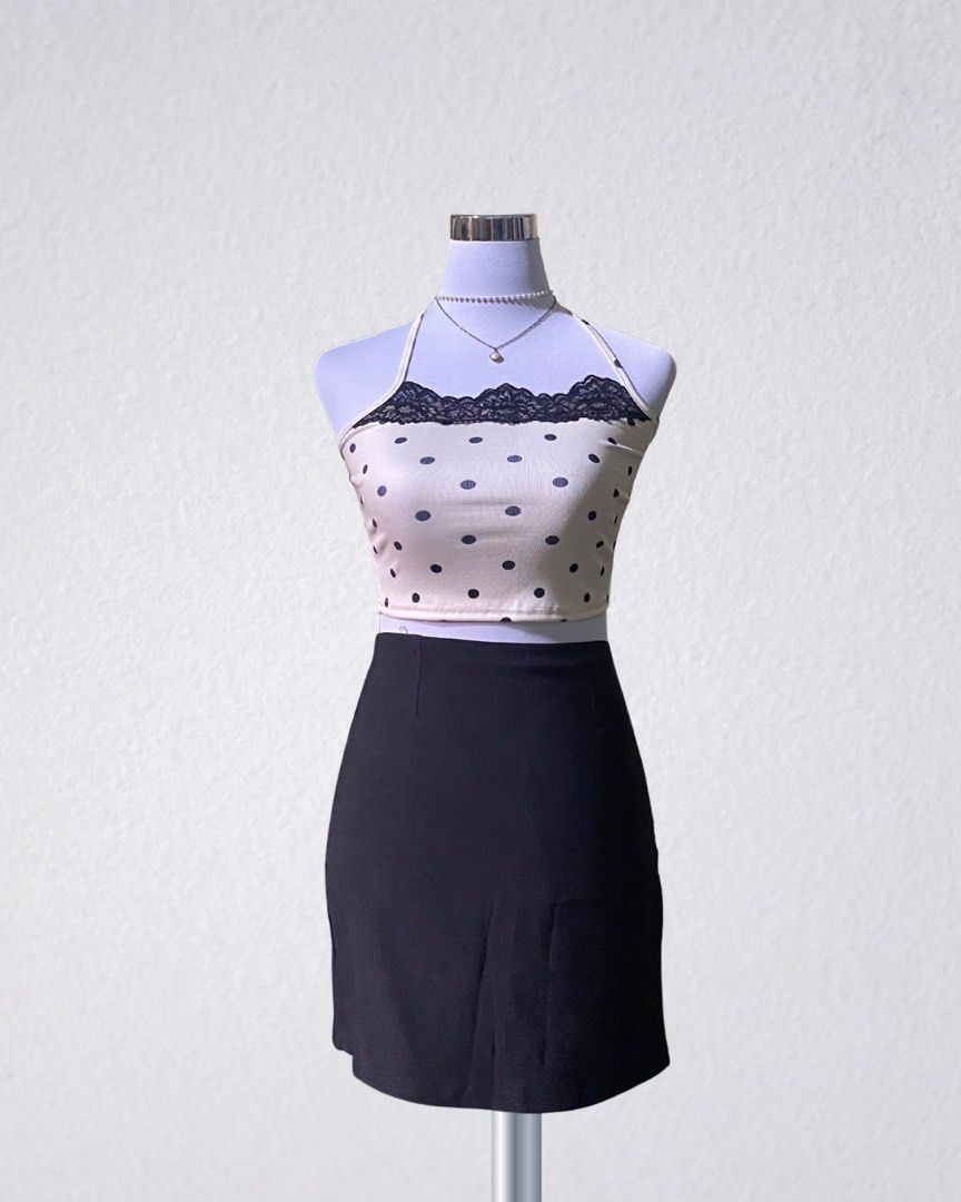 Polka Dot Halter Top with Black Mini Skirt Set (Category: Sleeveless) located in Binangonan. Submitted by queeniecab47979 (Listing ID 1460022040, Image 1). Description: Brand new from SHEIN Size: XS-S.