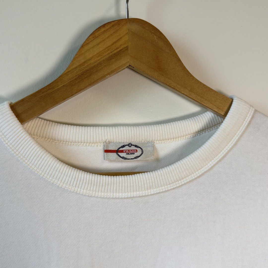 Prada Signature Chest Logo White Sweater (Category: Coats, Jackets and Outerwear) located in Paniqui. Submitted by justyntrouves (Listing ID 1459937176, Image 2). Description: Tag Size: Large (Dimensions in inches) Width: 24 Length: 28 Condition: 9/10 Buyer will shoulder the shipping fee. Check all photos before purchasing. For any questions, feel free to ask. .